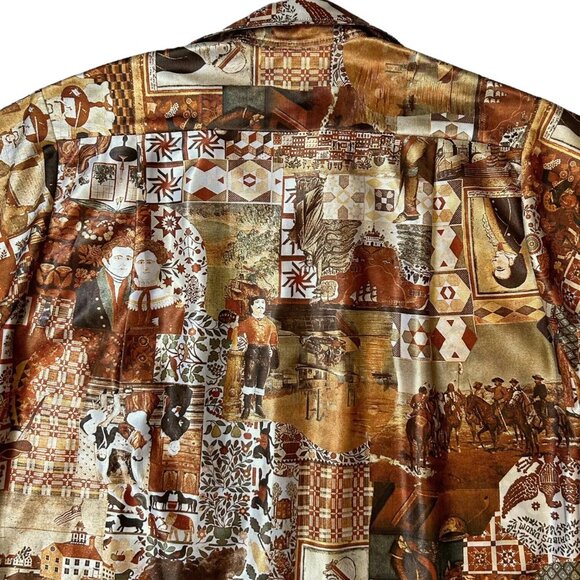 70s Vintage Novelty Print Button Up Shirt American History Folk Art Collage. - Picture 9 of 12